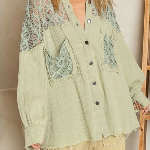 POL Stylish Matcha Green Lace Crochet Overlay Shirt - Perfect for Layering - Picture 7 of 7